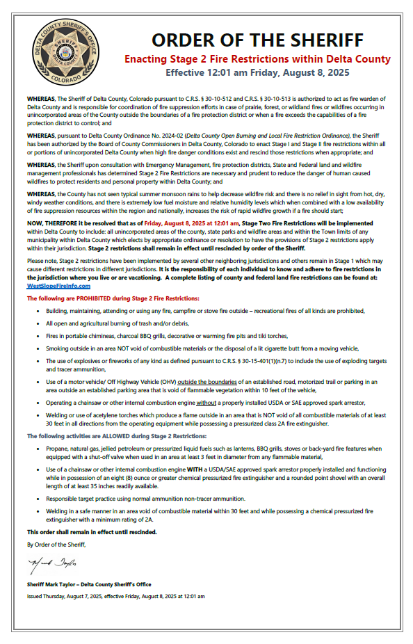 Delta County Orders Stage 2 Fire Restrictions